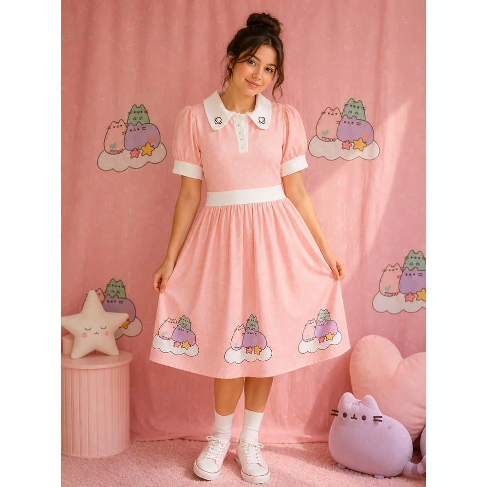 Pusheen the Cat Pink Dress 6/8 Peter Pan Collar Fit & Flare Novelty Cute